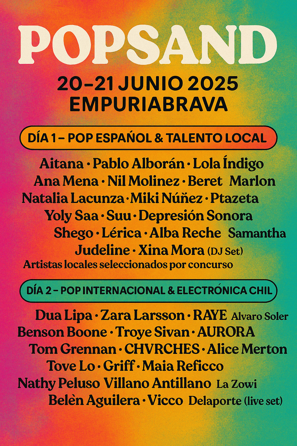 Cartel Festival PopSand 2025 con todos los artistas del evento.